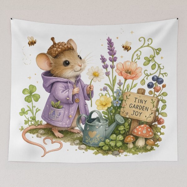 Item preview, Tiny Garden Joy Cute Mouse Gardener Cottagecore Floral Whimsical Art designed and sold by inkoutninja.