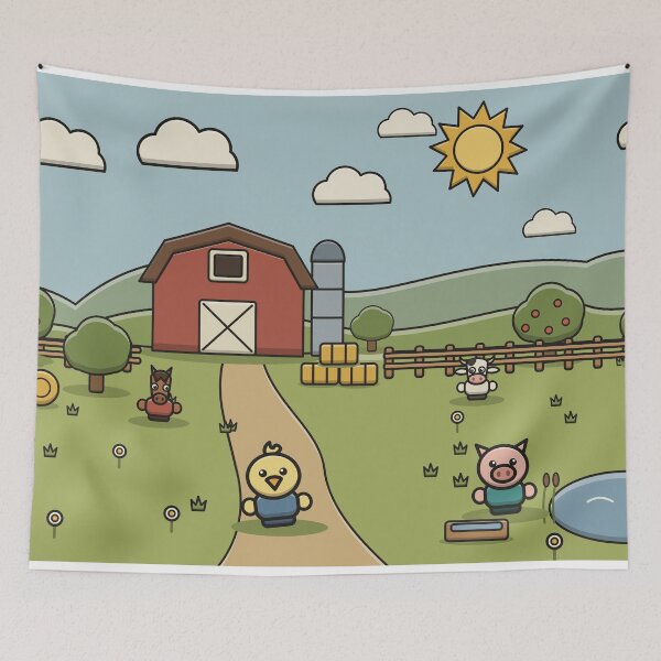 Item preview, Cute Cartoon Farm Scene – Barn, Chick, Pig & Cow designed and sold by MHVectorArt.