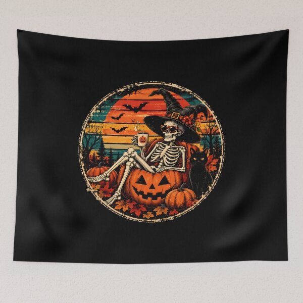 Item preview, Skeleton Pumpkin Cat Sunset Vintage Art designed and sold by Dmo3HarkoArt.