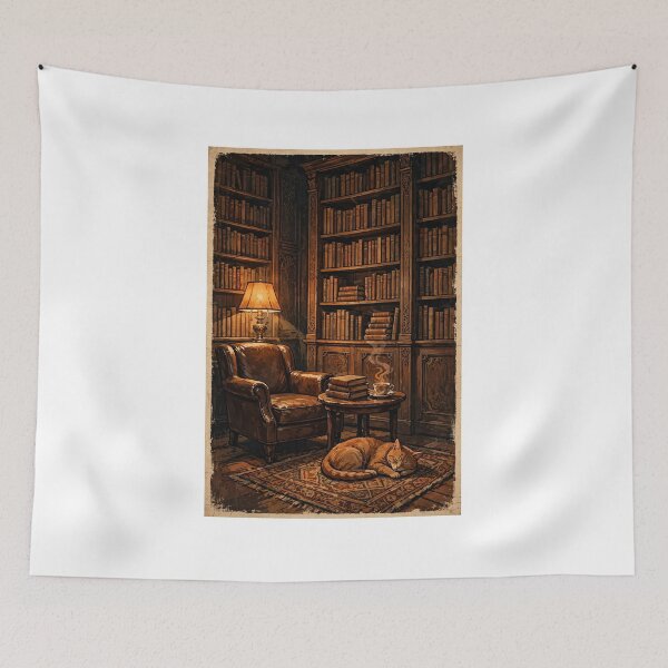 Item preview, Dark Academia Reading Room with Leather Armchair, Glowing Lamp and Sleeping Cat, Vintage Library Poster designed and sold by ElicitaDesign.
