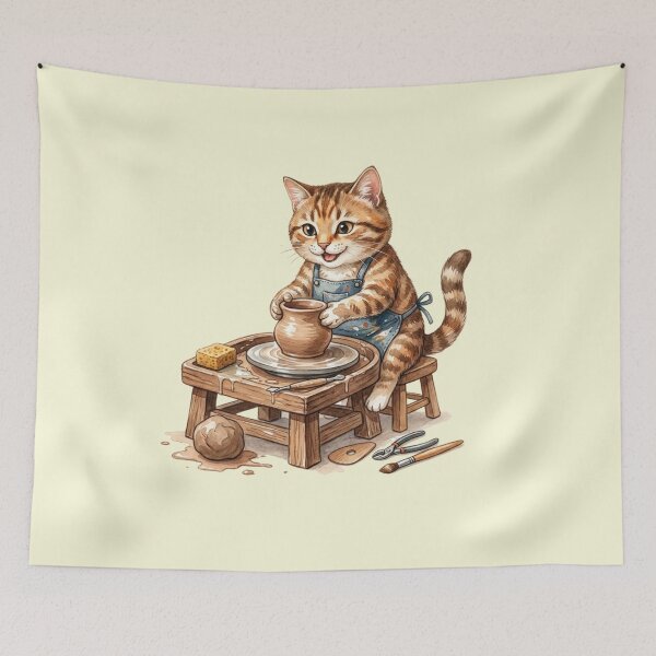 Item preview, Cute Tabby Cat Making Pottery Wheel Artwork designed and sold by bvdesignart.