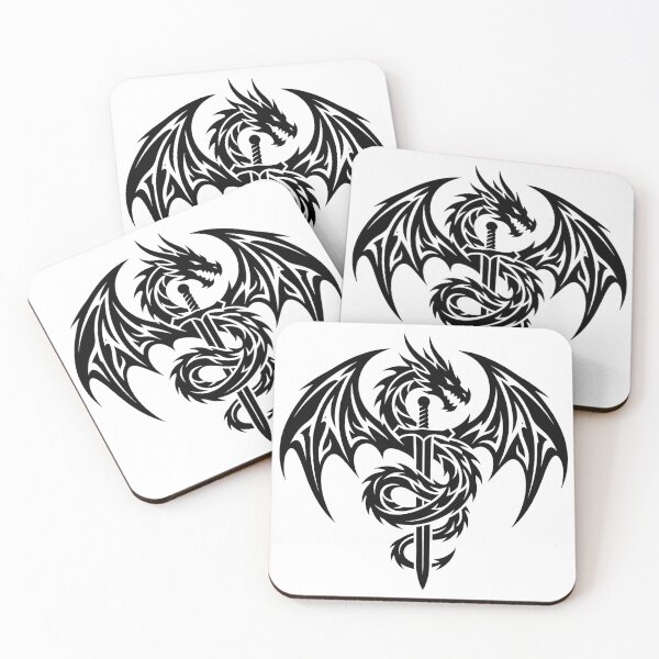 Item preview, Dragon Coiled on Sword Tribal Tattoo – Winged Dragon Hilt and Blade Black Emblem Art designed and sold by DragonSerpent Ink.