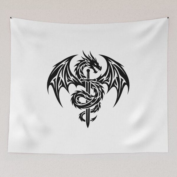 Item preview, Dragon Coiled on Sword Tribal Tattoo – Winged Dragon Hilt and Blade Black Emblem Art designed and sold by DragonSerpent Ink.