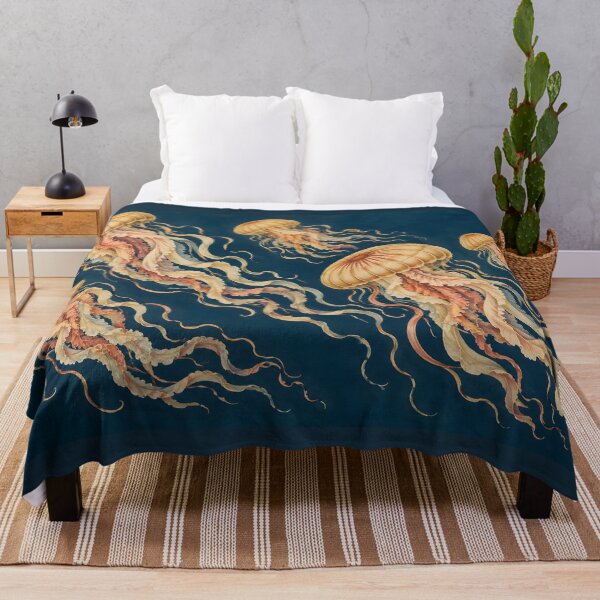 Item preview, Golden Jellyfish Drifting Through Midnight Blue designed and sold by AuraMuse Studio.