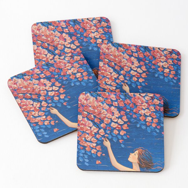 Item preview, Girl Reaching for Pink Blossoms by a Blue Wall designed and sold by codex401.