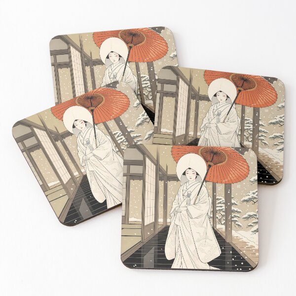 Item preview, Japanese Bride with Red Umbrella in Falling Snow designed and sold by TokyoUkiyoHouse.