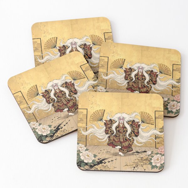 Item preview, Kabuki White Lion Dancer with Golden Folding Fans designed and sold by TokyoUkiyoHouse.