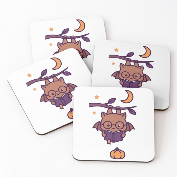 Item preview, Cute Bat with Glasses Reading a Book Upside Down Under Crescent Moon, Halloween Night designed and sold by ElicitaDesign.