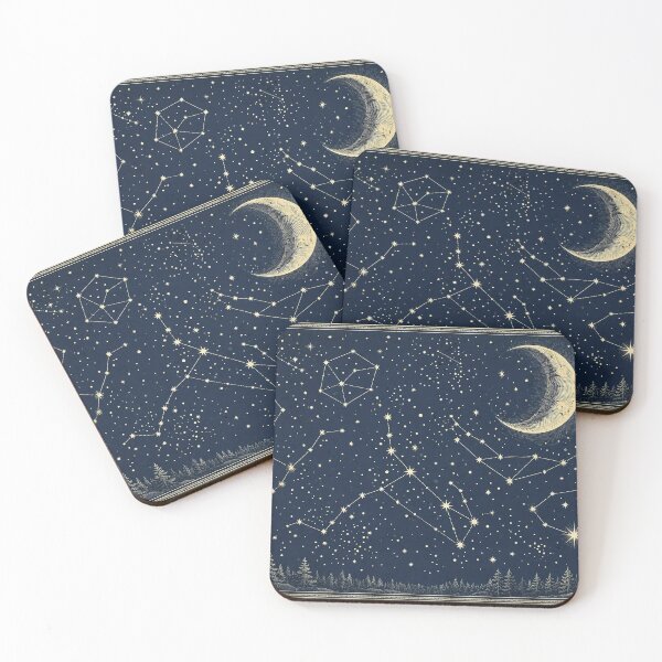 Item preview, Vintage Winter Astronomy Chart with Constellations and Crescent Moon over Pines designed and sold by ElicitaDesign.