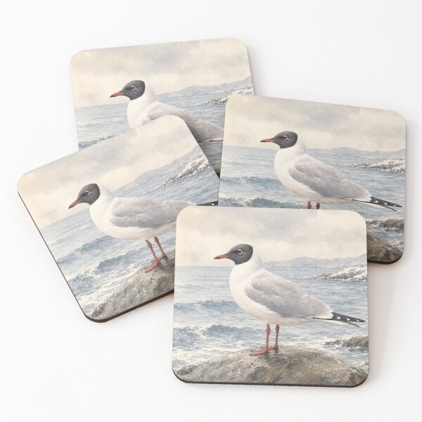 Item preview, Black-headed Gull on Coastal Rocks Ocean Watercolor Art designed and sold by vekotpu.