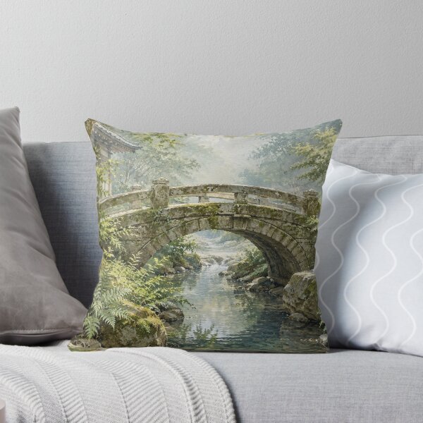 Item preview, Traditional Japanese Stone Bridge and Stream Watercolor Art designed and sold by vekotpu.