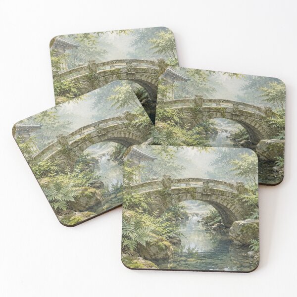 Item preview, Traditional Japanese Stone Bridge and Stream Watercolor Art designed and sold by vekotpu.