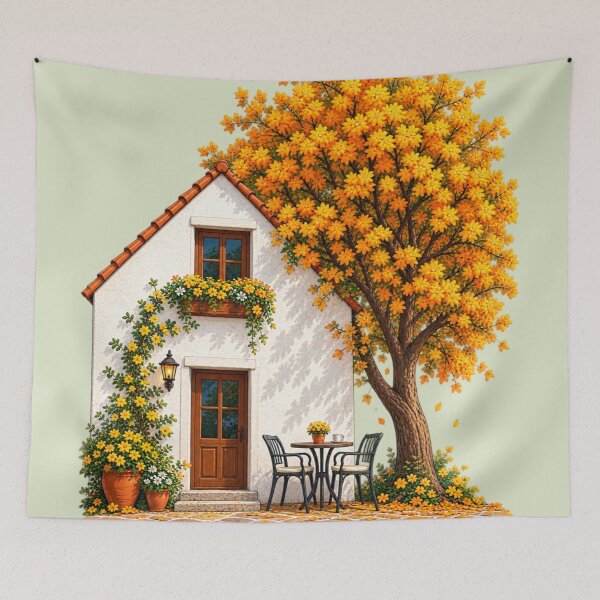 Item preview, Cozy Autumn Cottage With Golden Tree and Patio designed and sold by aliyehc.