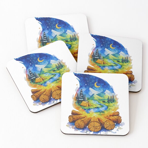 Item preview, Watercolor Campfire Landscape Sublimation Camping Night Sky & Mountains designed and sold by GabeMountainArt.