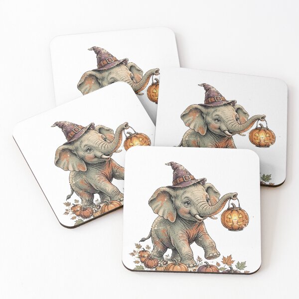 Item preview, Halloween Elephant — Cute Baby Elephant in Witch Hat with Pumpkin Lantern & Pumpkins designed and sold by AASU247.