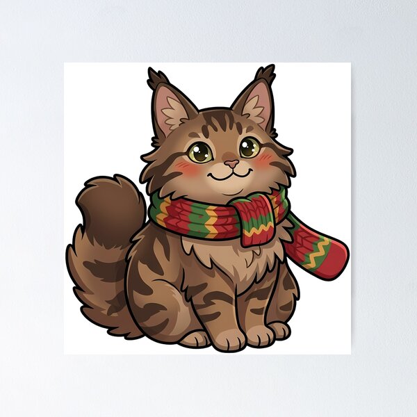 Item preview, Cute Christmas Maine Coon Cat Rolled on Its Side Wearing a Knitted Scarf designed and sold by pumsquare.
