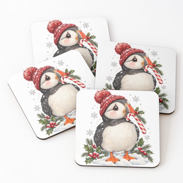 Item preview, Cute Christmas Puffin with Candy Cane – Festive Watercolor Bird Illustration designed and sold by KateVil.