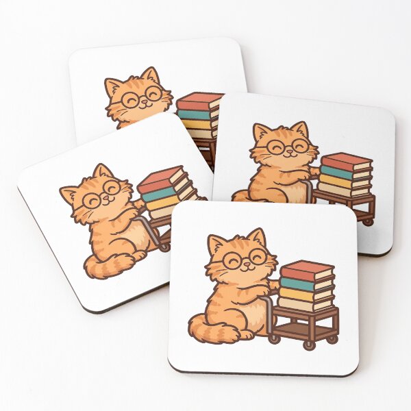 Item preview, Orange Tabby Librarian Cat with Reading Glasses and Book Cart, Funny Library Cat designed and sold by ElicitaDesign.