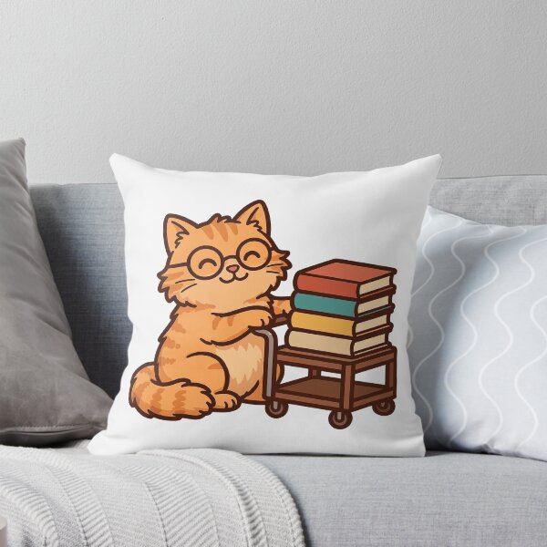 Item preview, Orange Tabby Librarian Cat with Reading Glasses and Book Cart, Funny Library Cat designed and sold by ElicitaDesign.
