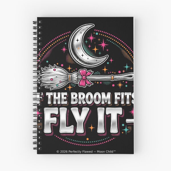 Item preview, If the Broom Fits, Fly It – Funny Witch Halloween Quote, Silver Chrome Moon & Broom on Black designed and sold by PerfctlyFlawed.