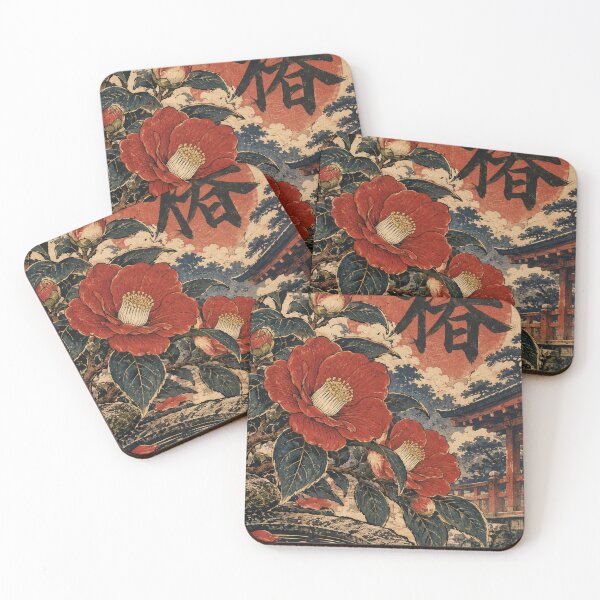 Item preview, Japanese Camellia - Red Blooms Beside Shrine Water Basin designed and sold by bapupa.
