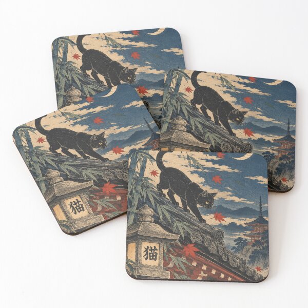 Item preview, Japanese Cat - Black Cat on Moonlit Temple Roof designed and sold by bapupa.