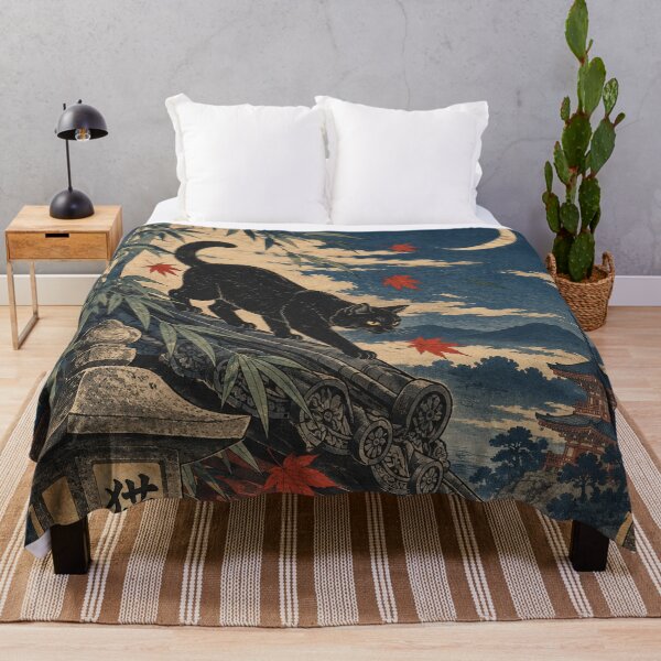 Item preview, Japanese Cat - Black Cat on Moonlit Temple Roof designed and sold by bapupa.