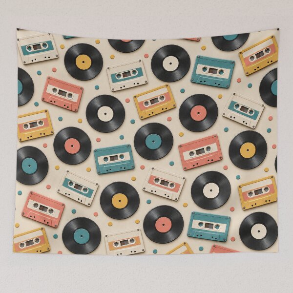 Item preview, Retro Vinyl Records and Cassette Tapes – Vintage Music Pattern designed and sold by Kaleidoscope Print.