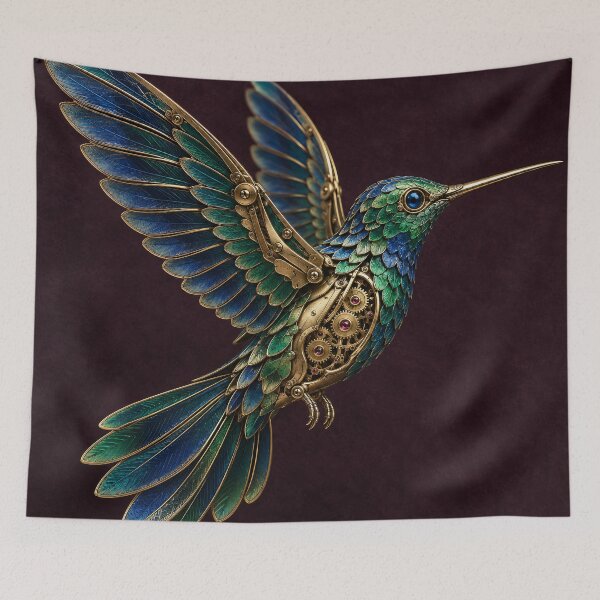 Item preview, Steampunk Hummingbird – Emerald and Sapphire Mechanical Bird Art designed and sold by Kaleidoscope Print.