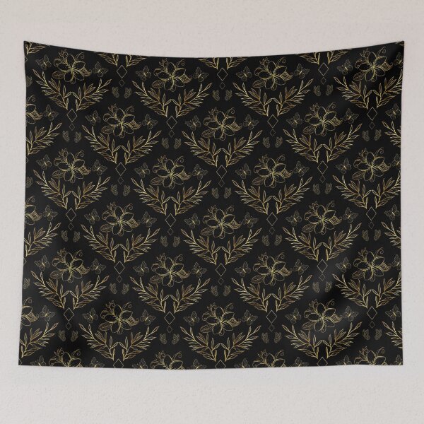 Item preview, Elegant Gold Floral Butterfly Black Background Pattern designed and sold by Deanmindvortex.
