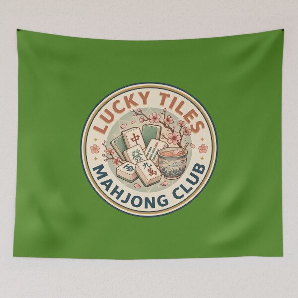 Item preview, Lucky Tiles Mahjong Club Vintage Cherry Blossom Badge designed and sold by MyHappyArtShop.
