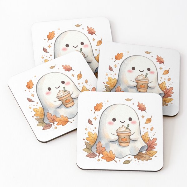 Item preview, Cute Ghost Drinking Pumpkin Spice Latte – Watercolor Autumn Fall Leaves designed and sold by Alchemy8House.