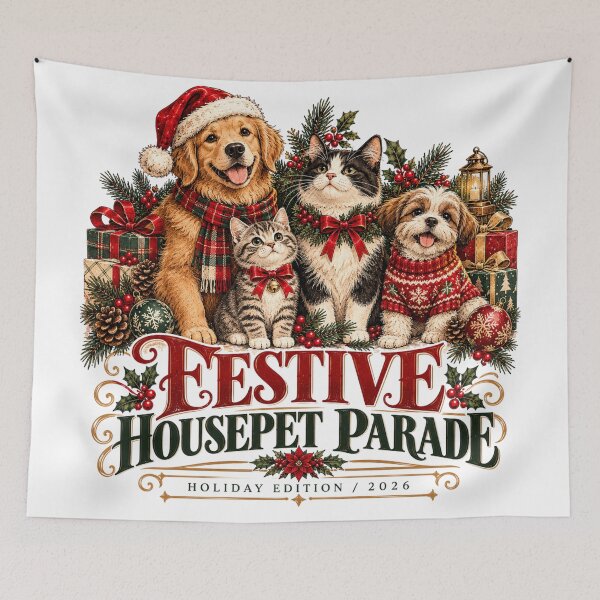Item preview, Festive Housepet Parade Christmas Cat Dog Vintage Holiday Graphic designed and sold by pradeepvisuals.