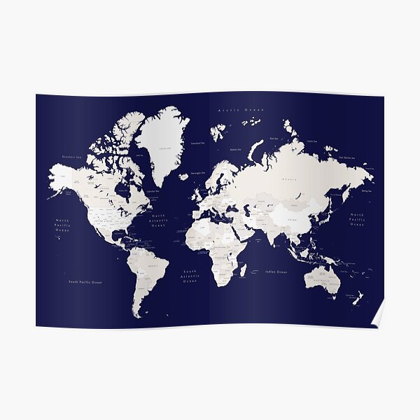 Navy blue and cream world map, "Austin" Poster