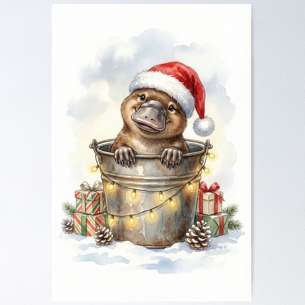 Item preview, Christmas Platypus in a Bucket Vintage Illustration designed and sold by Takeda-art.