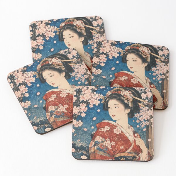 Item preview, Geisha Under Night Cherry Blossoms Ukiyo-e Style Art designed and sold by vekotpu.