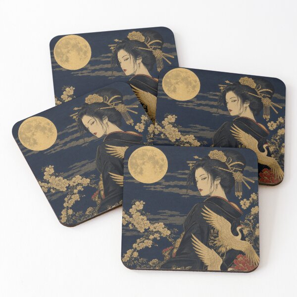 Item preview, Japanese Geisha under Golden Full Moon with Cranes and Peonies Ukiyo-e Art designed and sold by vekotpu.