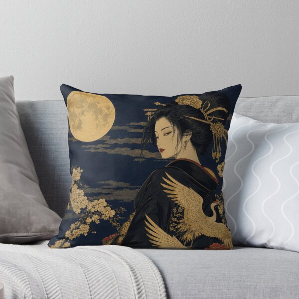 Item preview, Japanese Geisha under Golden Full Moon with Cranes and Peonies Ukiyo-e Art designed and sold by vekotpu.