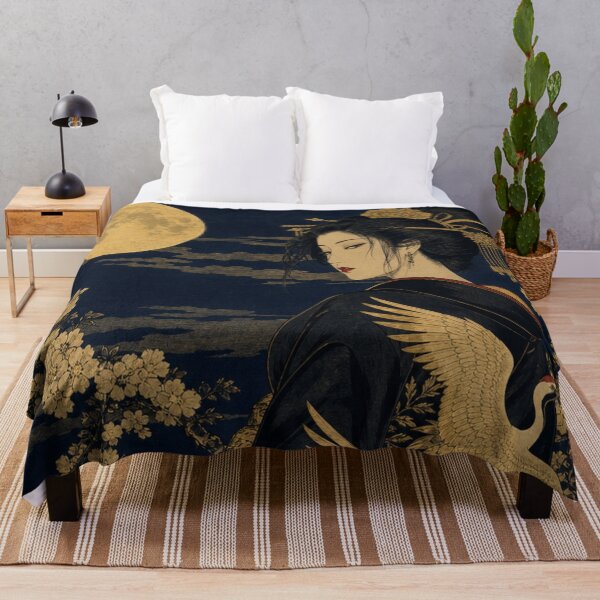 Item preview, Japanese Geisha under Golden Full Moon with Cranes and Peonies Ukiyo-e Art designed and sold by vekotpu.
