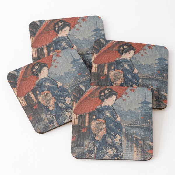 Item preview, Japanese Geisha in Autumn Rain with Red Umbrella Shin-Hanga Art designed and sold by vekotpu.