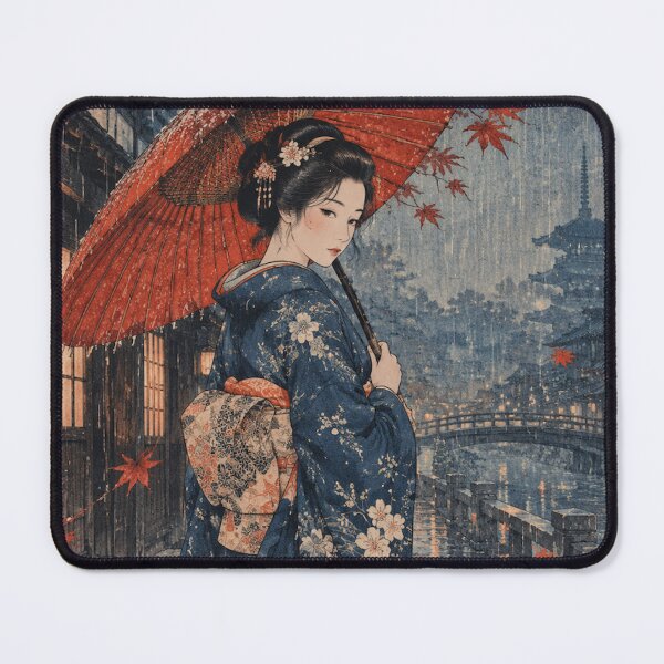 Item preview, Japanese Geisha in Autumn Rain with Red Umbrella Shin-Hanga Art designed and sold by vekotpu.