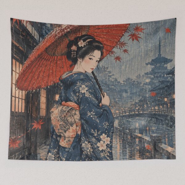 Item preview, Japanese Geisha in Autumn Rain with Red Umbrella Shin-Hanga Art designed and sold by vekotpu.