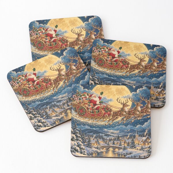 Item preview, Vintage Santa Sleigh Flying Over Snowy Christmas Village designed and sold by will freed18.