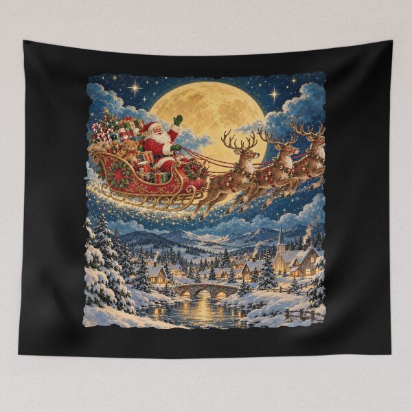 Item preview, Vintage Santa Sleigh Flying Over Snowy Christmas Village designed and sold by will freed18.