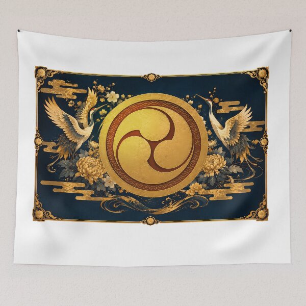 Item preview, Golden Mitsudomoe Japanese Family Crest – Traditional Kamon Art with Cranes and Chrysanthemums designed and sold by Neo Japonism Art.