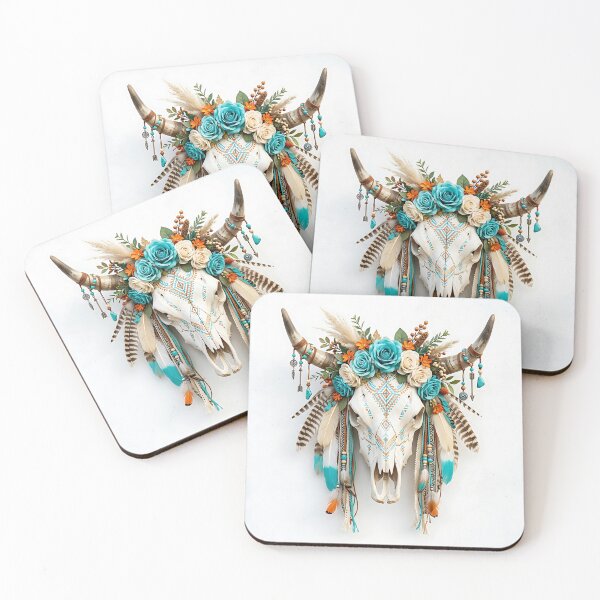 Item preview, Boho Turquoise Floral Tribal Steer Skull Art designed and sold by Michaelragheb.