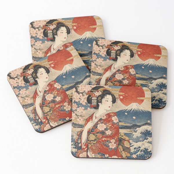Item preview, Japanese Ukiyo-e Geisha and Mount Fuji with Cherry Blossoms Vintage Art designed and sold by vekotpu.