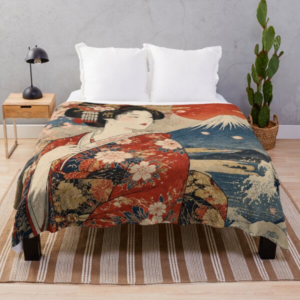 Item preview, Japanese Ukiyo-e Geisha and Mount Fuji with Cherry Blossoms Vintage Art designed and sold by vekotpu.