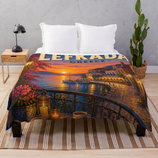 Item preview, Lefkada Harbour Balcony – Vintage Greek Travel Poster designed and sold by LSVart.