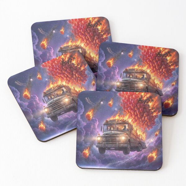 Item preview, Flaming Vintage Bus Flying in Space Red Balloons Pop Surrealism designed and sold by Rain-Road.